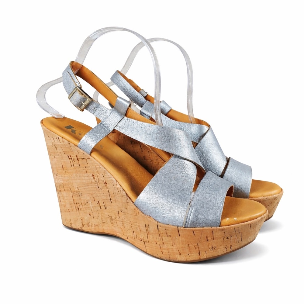 Kork-Ease Silver Platform Wedge Sandals with Adjustable Slingback